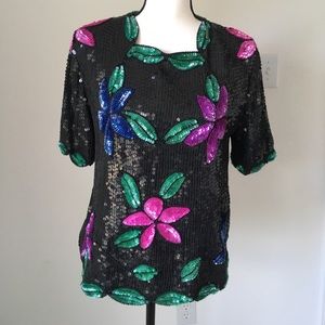 Stenay Black Sequined Floral Top / Size Small